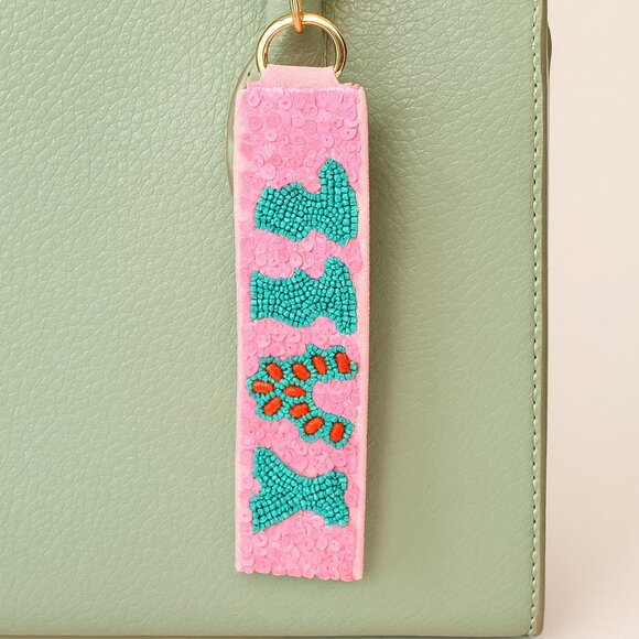 Y'ALL Southern Vibe Boho Pink Seed Beaded Keychain Lanyard Bag Charm NEW - Picture 2 of 2